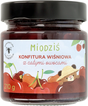 Słoik konfitury wiśniowej Miodziś 210g z całymi owocami, widok z przodu, etykieta z wiśniami.