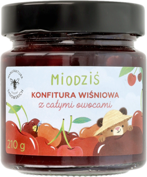 Słoik konfitury wiśniowej Miodziś 210g z całymi owocami, widok z przodu, etykieta z wiśniami.