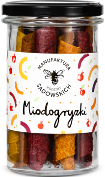 MANUFAKTURA RODZINY SADOWSKICH ,owocowa przekąska z dodatkiem miodu, Miodogryzki,przód