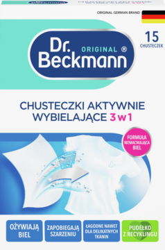 Opakowanie Dr. Beckmann chusteczki wybielające 3w1, biało-niebieskie z grafiką koszulki, widok z przodu.