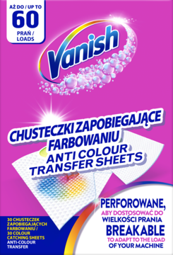 Różowe opakowanie Vanish Anti Colour Transfer Sheets na 60 prań, z kolorowymi plamami na arkuszach. Widok z przodu.