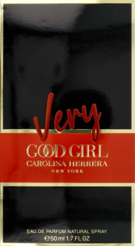 Przednie ujęcie czarnego pudełka wody perfumowanej Carolina Herrera Very Good Girl z czerwonym pasem i złotymi detalami.