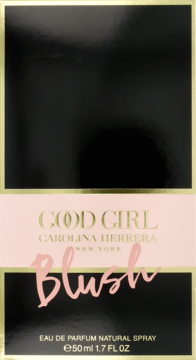 Frontalne ujęcie czarno-różowego opakowania perfum Carolina Herrera Good Girl Blush 50 ml ze złotymi detalami.
