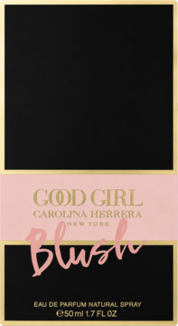 Carolina Herrera Good Girl Blush EDP, czarne pudełko ze złotymi detalami i różowym pasem, widok z przodu.