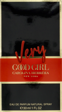 Pudełko perfum Carolina Herrera Very Good Girl 30ml, czarne z czerwoną opaską i złotymi napisami, widok z przodu.