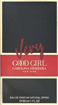 Carolina Herrera Very Good Girl EDP 30ml, czarno-czerwone pudełko z złotymi brzegami, napis 'Very' czerwoną czcionką.