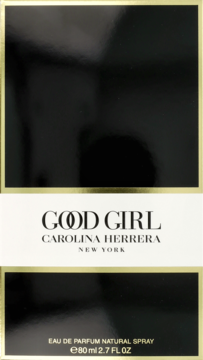 Czarno-złote, błyszczące opakowanie perfum Good Girl Carolina Herrera EDP 80ml, widok z przodu na pudełko.