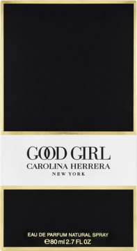 Pudełko perfum Good Girl Carolina Herrera 80 ml, czarno-białe z napisami i złotymi detalami, widok z przodu.