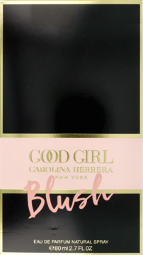 Pionowy kartonik Carolina Herrera Good Girl Blush EDP 80ml, czarny z różowym pasem i złotymi detalami.