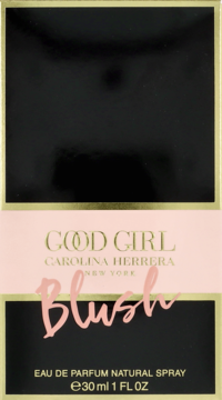 Pudełko perfum Carolina Herrera Good Girl Blush EDP 30ml, czarno-złote z różową wstęgą, widok z przodu.