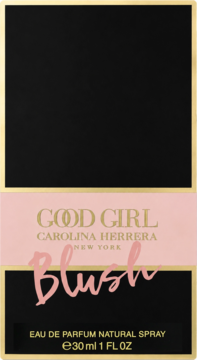 Front of Carolina Herrera Good Girl Blush EDP 30ml box, black with pink stripe and gold lettering.