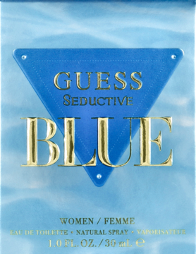 Guess Seductive Blue woda toaletowa damska, niebieskie pudełko z wzorem fal i złotym logo trójkąta, widok z przodu.