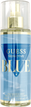 Guess Seductive Blue mgiełka do ciała, niebieska butelka z przezroczystą zatyczką i złotym atomizerem, widok z przodu.