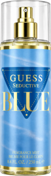 Guess Seductive Blue mgiełka zapachowa, jasnoniebieska butelka ze złotym atomizerem, widok z przodu.