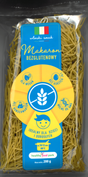 Makaron nitki bezglutenowy Healthy Food Park, dla wegan i dzieci, w przezroczystym opakowaniu, widok z przodu.