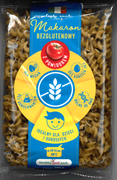 Makaron bezglutenowy Healthy Food Park, fusilli z pomidorem, widok z przodu opakowania z brązowymi spiralami.