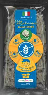 Przezroczyste opakowanie bezglutenowego makaronu ryżowego Healthy Food Park z niebieską etykietą, widok z przodu.
