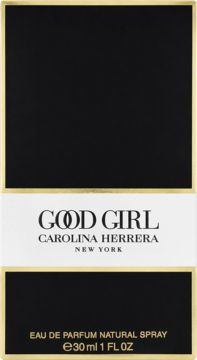 Perfumy damskie Good Girl Carolina Herrera 30ml. Eleganckie czarno-złote opakowanie, widok z przodu.