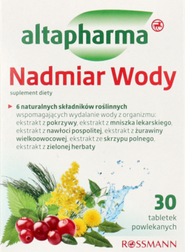 Białe pudełko Altapharma Nadmiar Wody, suplement diety, z zielonym logo, ilustracją ziół i wody, widok z przodu.