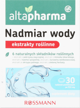 Altapharma Nadmiar Wody, suplement diety z 6 ekstraktami roślinnymi, biało-niebieskie opakowanie, 30 tabletek.