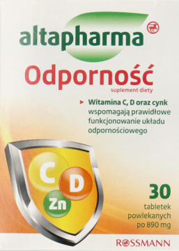 Altapharma Odporność suplement diety, białe opakowanie z tarczą CDZn, wspomagający odporność, widok z przodu.