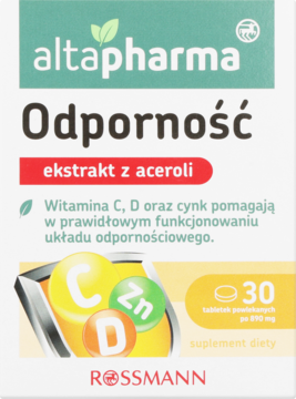 Altapharma Odporność, suplement diety z acerolą, wit. C, D, cynkiem. Zielono-białe pudełko, 30 tab, front.
