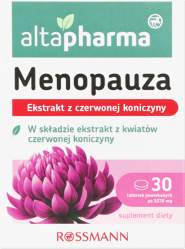 Altapharma Menopauza, suplement z czerwoną koniczyną, biało-zielone pudełko z dużą grafiką różowego kwiatu.
