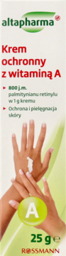 Biała tuba Altapharma Krem ochronny z witaminą A, przód z grafiką dłoni i zielonym logo A, 25g.