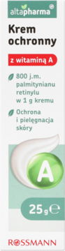 Altapharma krem ochronny z witaminą A, 25g, biało-zielona tubka stojąca, z wizualizacją kremu i literą A.