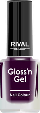 Intensywny fioletowy lakier do paznokci Rival de Loop Gloss'n Gel w butelce, z czarną nakrętką i połyskiem.