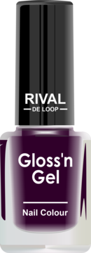 Intensywny fioletowy lakier do paznokci Rival de Loop Gloss'n Gel w butelce, z czarną nakrętką i połyskiem.
