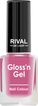 Intensywnie różowy lakier Rival de Loop Gloss'n Gel, butelka z czarną nakrętką, widok z przodu.