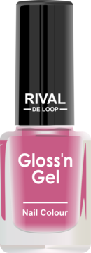 Intensywnie różowy lakier Rival de Loop Gloss'n Gel, butelka z czarną nakrętką, widok z przodu.