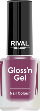 Fioletowy, lśniący lakier do paznokci Rival de Loop Gloss'n Gel, butelka z czarnym korkiem, z przodu.
