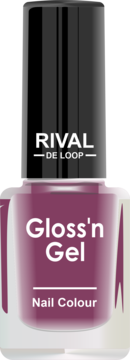 Fioletowy, lśniący lakier do paznokci Rival de Loop Gloss'n Gel, butelka z czarnym korkiem, z przodu.