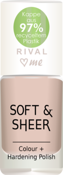 Rival ♡ me Soft & Sheer lakier do paznokci utwardzający, jasnoróżowa butelka, nakrętka z 97% recyklingu.