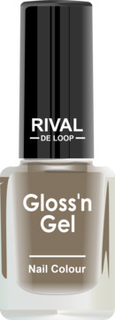 Rival de Loop Gloss'n Gel, brązowy lakier żelowy do paznokci w butelce z czarną nakrętką, widok z przodu.