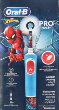 Opakowanie elektrycznej szczoteczki Oral-B Pro Kids 3+ Spider-Man, granatowe z grafiką superbohatera.