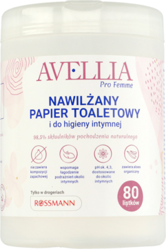 Avellia Pro Femme nawilżany papier toaletowy, białe opakowanie 80 listków, do higieny intymnej, widok z przodu.