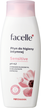 Facelle Płyn do higieny intymnej Sensitive, biała butelka, różowa nakrętka, pH 4.2, z kwasem mlekowym.