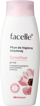 Facelle Płyn do higieny intymnej Sensitive, biała butelka, różowa nakrętka, pH 4.2, z kwasem mlekowym.