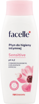 Biała butelka Facelle Sensitive płynu do higieny intymnej z różową nakrętką, kwas mlekowy, pH 4.2.