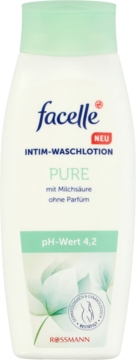 Biała butelka Facelle Intim-Waschlotion Pure z zielonymi akcentami. Opakowanie bez perfum, z kwasem mlekowym i pH 4.2, widok z przodu.