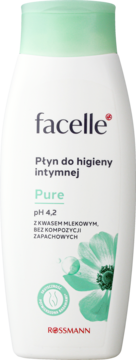 Biała butelka Facelle Pure, płyn do higieny intymnej z kwasem mlekowym, pH 4,2, zielona nakrętka.