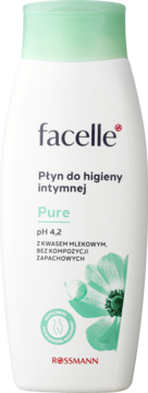 Biała butelka Facelle Pure, płyn do higieny intymnej z kwasem mlekowym, pH 4,2, zielona nakrętka.