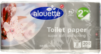 Opakowanie papieru toaletowego Alouette, 2-warstwowy, 8 rolek, z kwiatami wiśni na szarym tle, widok z przodu.