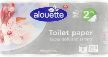 Alouette papier toaletowy 2-warstwowy, super miękki i trwały, 8 rolek, z motywem wiśni, widok z przodu.