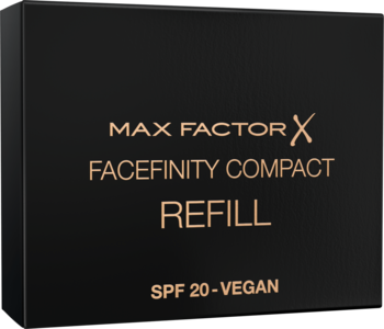 Czarne uzupełnienie matującego podkładu Max Factor Facefinity Compact, napis Refill, SPF 20, widok z przodu.