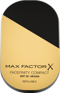 Max Factor Facefinity Compact, matujący podkład SPF 20, w eleganckim złoto-czarnym opakowaniu, widok z przodu.