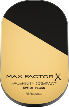 Max Factor Facefinity Compact, matujący podkład SPF 20, w eleganckim złoto-czarnym opakowaniu, widok z przodu.